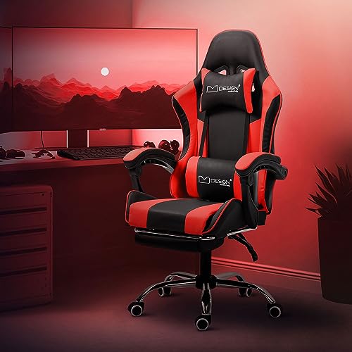 ML-Design Massage Gaming Stuhl, Schwarz-Rot, PU-Leder, Ergonomischer Bürostuhl, Verstellbarer Drehstuhl, Racing Gamer Stuhl mit Armlehne, Kopfstütze, Lendenkissen, Fußstütze, Schreibtischstuhl Sessel von ML DESIGN modern living