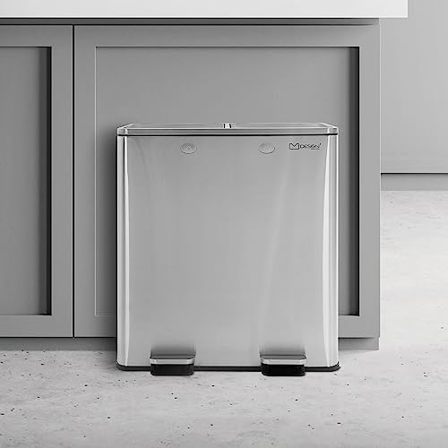 ML-Design Mülleimer Küche 2x30L (60L), Silber, Mülltrennsystem 2 Fächer, Treteimer zur Mülltrennung, Abfalleimer aus Edelstahl, herausnehmbarer Kunststoff Inneneimer, Klappdeckel, Softclose, luftdicht von ML DESIGN modern living