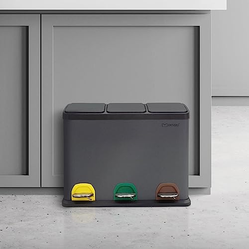 ML-Design Mülleimer Küche 3x 15L (45L), Anthrazit, Mülltrennsystem 3 Fächer, Treteimer zur Mülltrennung, Abfalleimer aus Stahl mit Inneneimer aus Kunststoff & Klappdeckel, farblicher Kennzeichnung von ML DESIGN modern living