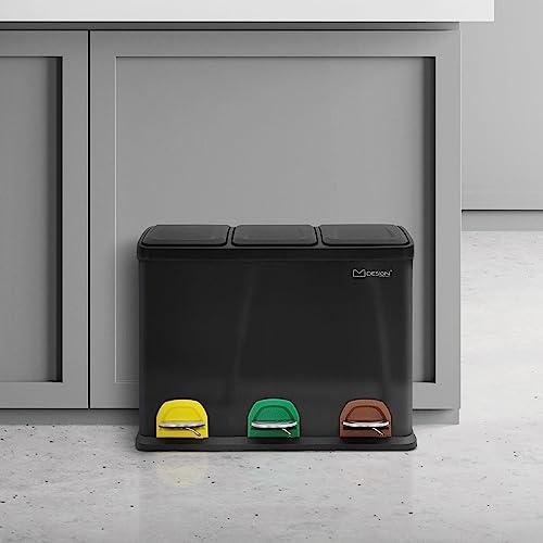 ML-Design Mülleimer Küche 3x 8L (24Liter), Schwarz, Mülltrennsystem 3 Fächer, Treteimer zur Mülltrennung, Abfalleimer aus Stahl mit Inneneimer aus Kunststoff & Klappdeckel, farblicher Kennzeichnung von ML DESIGN modern living