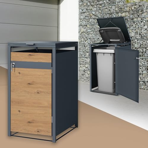 ML-Design Mülltonnenbox 1er für 1 Tonne 240L 68x80x116,3cm Anthrazit-Eichenoptik, Stahl, wetterfest, Abschließbare Mülltonnenverkleidung Klappdeckel/Tür, Müllbox Mülltonnecontainer Mülltonnenabdeckung von ML DESIGN modern living