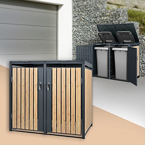 ML-Design Mülltonnenbox 2er 2 Tonnen 240L 132x80x116,3cm Anthrazit-Lärchenoptik, Stahl wetterfest/abschließbar Mülltonnenverkleidung Klappdeckel/2 Türen, Müllbox Mülltonnecontainer Mülltonnenabdeckung von ML DESIGN modern living