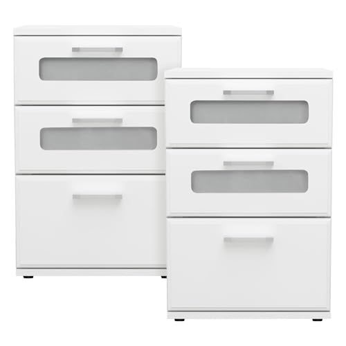 ML-Design Nachttisch 2er Set, Nachtkommode mit 3 Schubladen, oberste mit Glaseinsatz, Weiß, 40x60x38 cm, aus Holz, Boxspringbett Nachtschrank Nachtkonsole Kommode, für Bett, Schlafzimmer oder Büro von ML DESIGN modern living