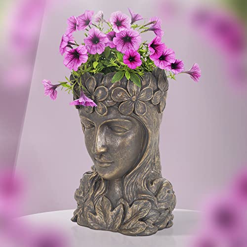 ML-Design Pflanztopf Frauenkopf Figur 21x16x32 cm Bronze Kunstharz, Innen/Außen, Groß Büste Skulptur, Weiblich Mädchen Statue Dame Gesicht Pflanzgefäß Blumentopf Übertopf Pflanzer Gartendeko Vase Urne von ML DESIGN modern living