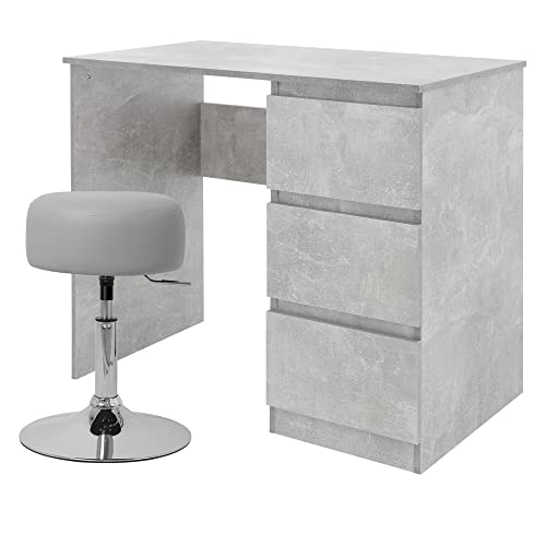 ML-Design Schreibtisch mit Sitzhocker, Computertisch mit 3 Schubladen Bürotisch Arbeitstisch PC Tisch 90x76x50 cm Grau-Beton, Polsterhocker Kunstleder Hellgrau Ø33 cm drehbar höhenverstellbar 52–65cm von ML DESIGN modern living