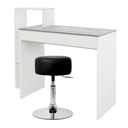 ML-Design Schreibtisch mit Sitzhocker, Computertisch mit Regal Bürotisch Arbeitstisch PC Tisch Weiß/Beton 110x72x40cm 3 Einlegeböden, Polsterhocker Kunstleder Schwarz Ø33cm drehbar höhenverstellbar von ML DESIGN modern living
