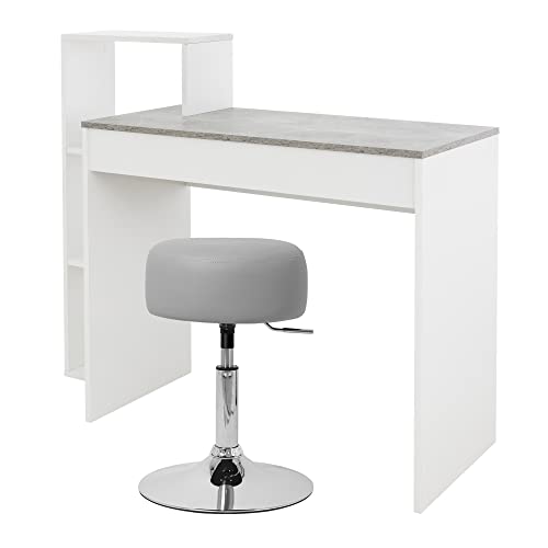 ML-Design Schreibtisch mit Sitzhocker Computertisch mit Regal Bürotisch Arbeitstisch PC Tisch Weiß/Beton 110x72cm 3 Einlegeböden Polsterhocker Kunstleder Hellgrau 33cm drehbar höhenverstellbar 52–65cm von ML DESIGN modern living