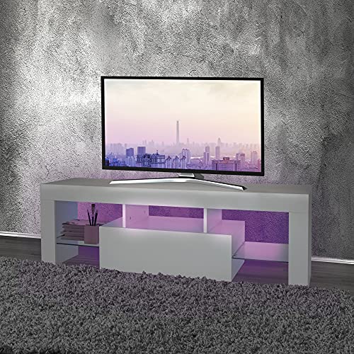 ML-Design TV Lowboard aus Holz mit LED-Beleuchtung und Glasregal für Fernseher, Modernes Fernsehtisch, 130x49x45cm, Weiß, Griffloses Design, Fernsehschrank TV-Möbel TV-Schrank TV-Regal, für Wohnzimmer von ML DESIGN modern living