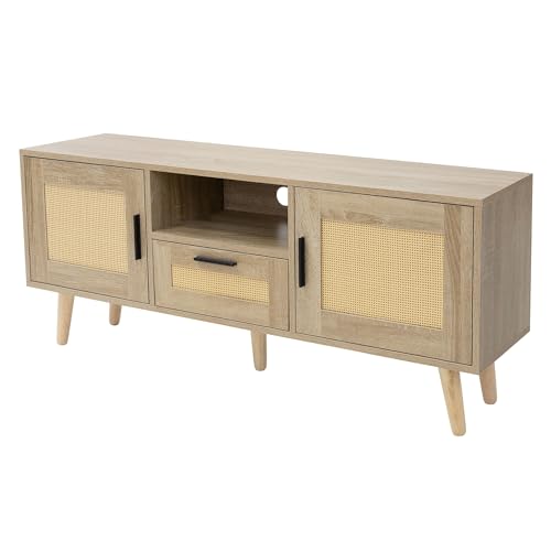 ML-Design TV-Schrank 120x50,5x30 cm Eiche Optik, Fernsehtisch mit 2 Türen, Schublade, Ablage, TV Board Rattanfront, Massivholzfüße, TV Lowboard für Wohnzimmer, Fernsehschrank für Fernseher bis 55 Zoll von ML DESIGN modern living