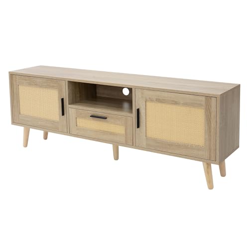 ML-Design TV-Schrank 140x50,5x30 cm Eiche Optik, Fernsehtisch mit 2 Türen, Schublade, Ablage, TV Board Rattanfront, Massivholzfüße, TV Lowboard für Wohnzimmer, Fernsehschrank für Fernseher bis 65 Zoll von ML DESIGN modern living