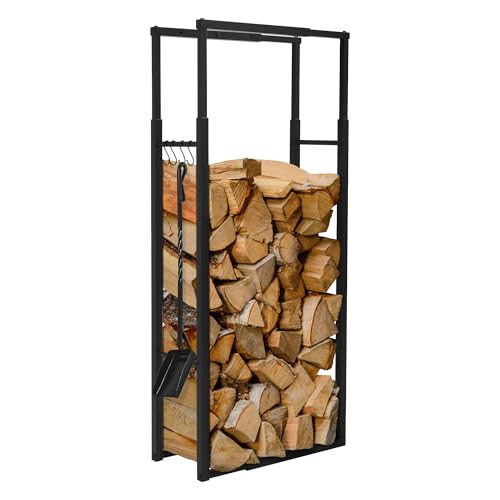 ML-Design Verstellbare Kaminholzregal Metall Schwarz, 40-65x100-150x25 cm, Kaminholzlager mit 4 Haken, Brennholzregal Stahl, Kaminholzständer Innen/Außen Kaminholzhalter Feuerholzregal für Kamin/Ofen von ML DESIGN modern living