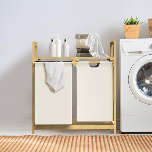 ML-Design Wäschekorb aus Bambus, Beige, Wäschebox mit 2 Fächern, Wäschesammler mit 2 ausziehbaren Wäschesäcken 60 L, Wäschetruhe mit Ablage, Wäschesortierer für Badezimmer, Wäschetonne mit Regal von ML DESIGN modern living