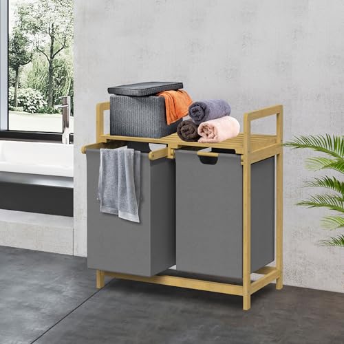 ML-Design Wäschekorb aus Bambus, Grau, Wäschebox mit 2 Fächern, Wäschesammler mit 2 ausziehbaren Wäschesäcken 60 L, Wäschetruhe mit Ablage, Wäschesortierer für Badezimmer, Wäschetonne mit Regal von ML DESIGN modern living