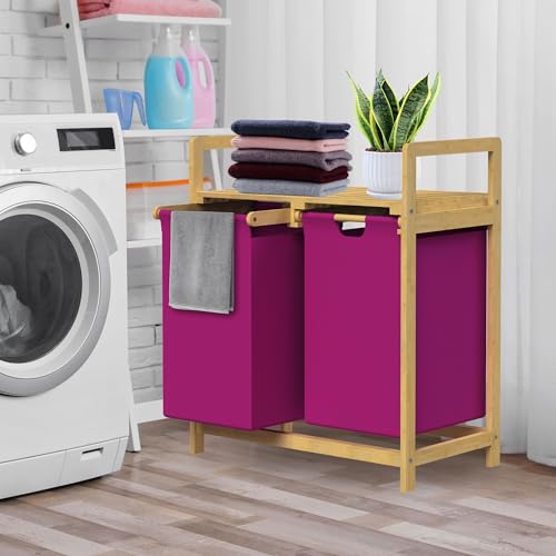 ML-Design Wäschekorb aus Bambus, Magenta, Wäschebox mit 2 Fächern, Wäschesammler mit 2 ausziehbaren Wäschesäcken 60 L, Wäschetruhe mit Ablage, Wäschesortierer für Badezimmer, Wäschetonne mit Regal von ML DESIGN modern living