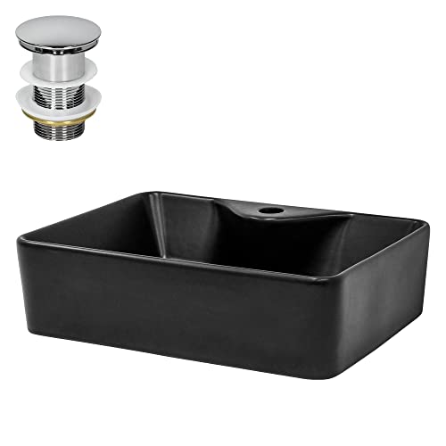ML-Design Waschbecken aus Keramik in Schwarz matt 49x36,5x14 cm mit Ablaufgarnitur, Abgerundeten Ecken, Aufsatzwaschbecken, Moderne Waschtisch, Waschschale mit Armaturloch, Waschplatz Handwaschbecken von ML DESIGN modern living