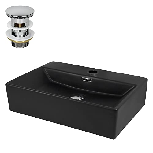 ML-Design Waschbecken aus Keramik in Schwarz matt 510x360x130mm inkl. Ablaufgarnitur, Eckige Aufsatzwaschbecken mit Überlauf, Moderne Waschtisch Waschschale Waschplatz Handwaschbecken, für Badezimmer von ML DESIGN modern living