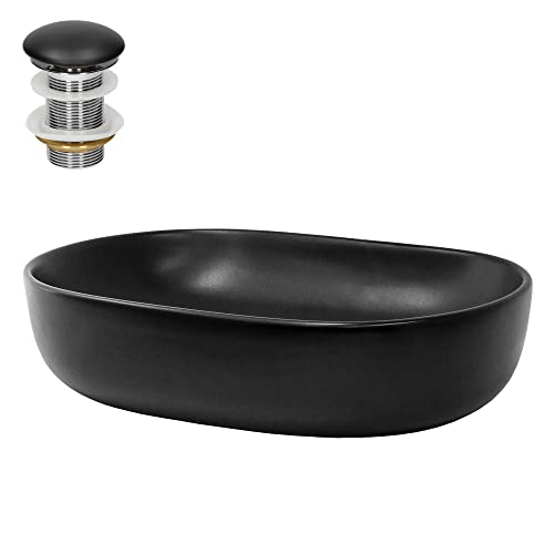 ML-Design Waschbecken aus Keramik in Schwarz matt 600 x 425 x 145 mm mit Ablaufgarnitur, Ovale Aufsatzwaschbecken, Moderne Waschtisch, Waschschale Waschplatz Handwaschbecken, für Badezimmer/Gäste-WC von ML DESIGN modern living