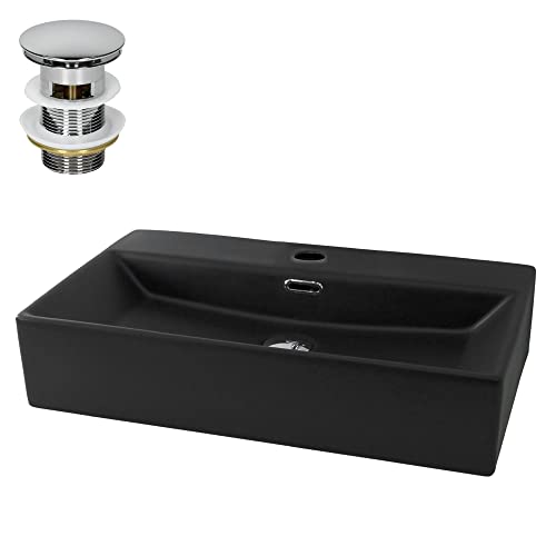 ML-Design Waschbecken aus Keramik in Schwarz matt 600x365x130mm inkl. Ablaufgarnitur, Eckige Aufsatzwaschbecken mit Überlauf, Moderne Waschtisch Waschschale Waschplatz Handwaschbecken, für Badezimmer von ML DESIGN modern living