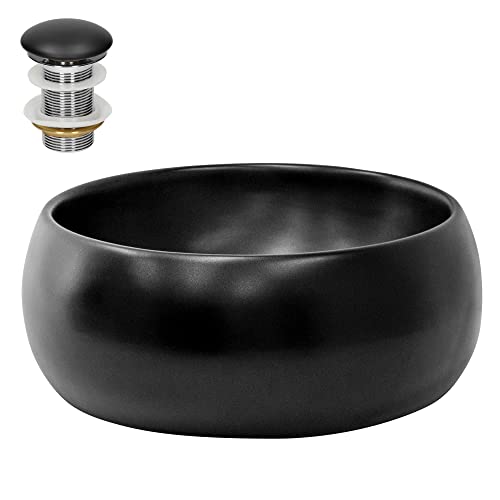 ML-Design Waschbecken aus Keramik in Schwarz matt Ø 400 x 155 mm mit Ablaufgarnitur, Runde Aufsatzwaschbecken, Moderne Waschtisch, Waschschale Waschplatz Handwaschbecken, für Badezimmer/Gäste-WC von ML DESIGN modern living