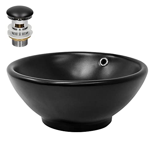 ML-Design Waschbecken aus Keramik in Schwarz matt Ø 420x170 mm mit Ablaufgarnitur, Runde Aufsatzwaschbecken, Moderne Waschtisch, Waschschale mit Überlauf und Abflussloch, Waschplatz Handwaschbecken von ML DESIGN modern living