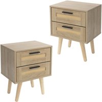 Ml-design - 2er Set Nachttisch mit 2 Schubladen, 40x50,5x30 cm Eiche Optik, Nachtschrank Rattanfront Massivholzfüßen, Nachtkommode für Boxspringbett von ML-DESIGN