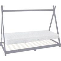 Kinderbett Tipi 90x200 cm Hellgrau mit Matratze H:16cm, Lattenrost, Indianer Bett aus Kiefernholz, Mädchen/Jungen Hausbett, Bodenbett Kinderhaus von ML-DESIGN