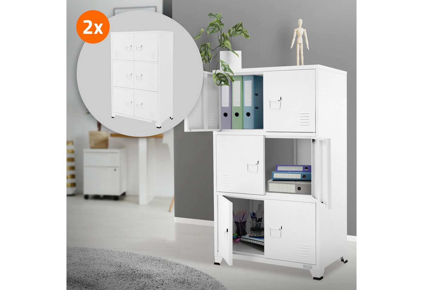 ML-DESIGN Aktenschrank Schubladenschrank aus Stahl Wasserdicht Stabil und langlebig (2-St) 2x Büroschrank Weiß mit 6 Türen & 3 Innenfächer 75x40x120 cm von ML-DESIGN