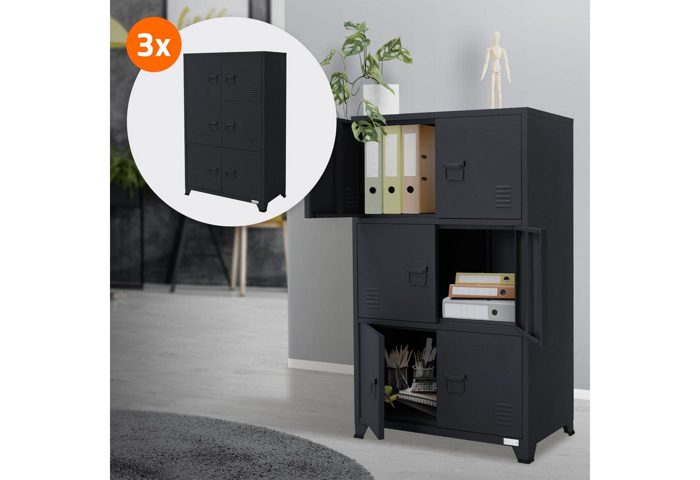 ML-DESIGN Aktenschrank Schubladenschrank aus Stahl Wasserdicht Stabil und langlebig (3-St) 3x Büroschrank Anthrazit mit 6 Türen & 3 Innenfächer 75x40x120 cm von ML-DESIGN