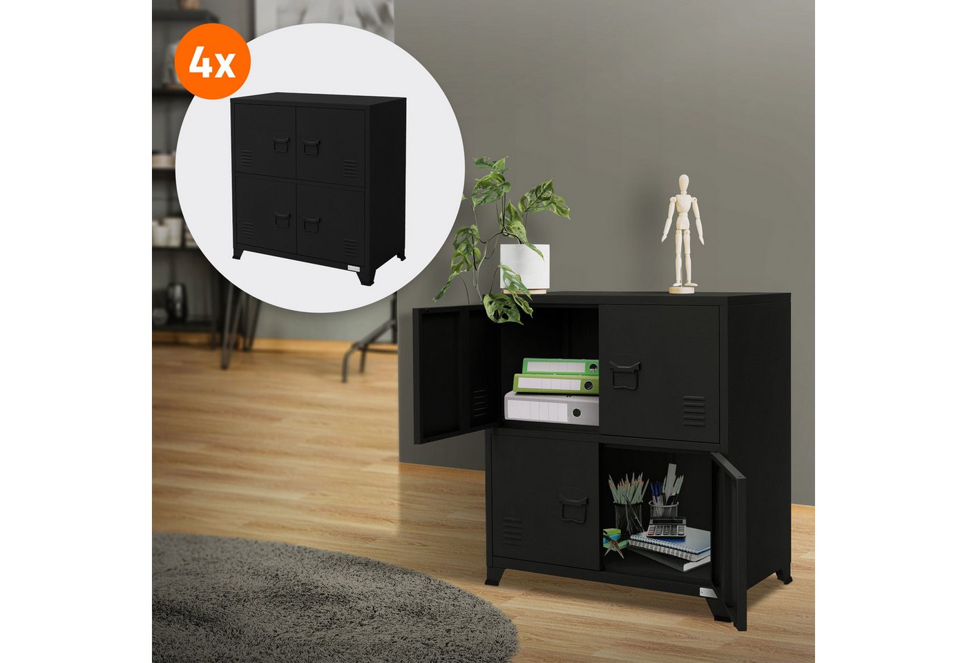 ML-DESIGN Aktenschrank Schubladenschrank aus Stahl Wasserdicht Stabil und langlebig (4-St) 4x Büroschrank Schwarz mit 4 Türen & 2 Innenfächer 75x40x80,5 cm von ML-DESIGN