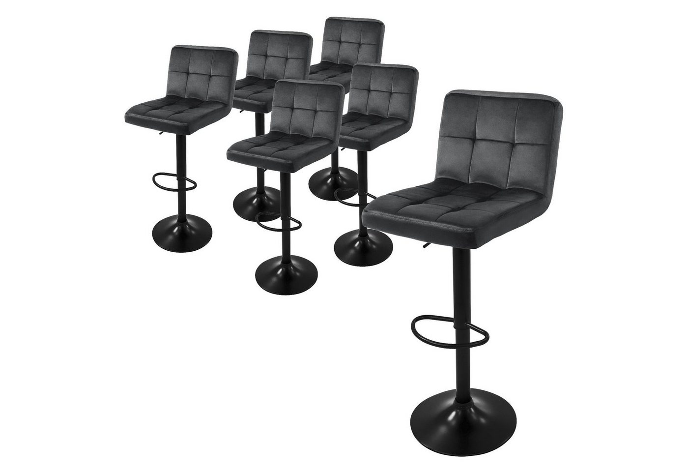 ML-DESIGN Barhocker Gepolsterter Barstuhl mit Rückenlehne und Fußstütze, 360° drehbar (Komplett-Set, 6 St), Drestuhl höhenverstellbar 63-83 cm, Grau, Bezug aus Samt von ML-DESIGN