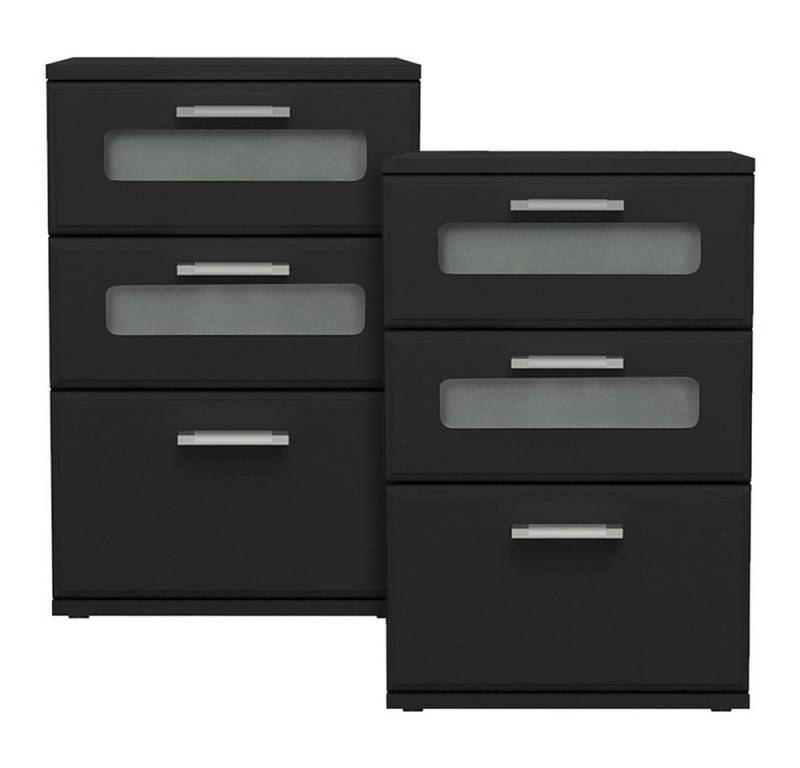 ML-DESIGN Beistelltisch Nachtkommode mit 3 Schubladen aus Holz, oberste mit Glaseinsatz (2-St), Nachtschrank Kommode Boxspringbett Schwarz für Schlafzimmer oder Büro von ML-DESIGN