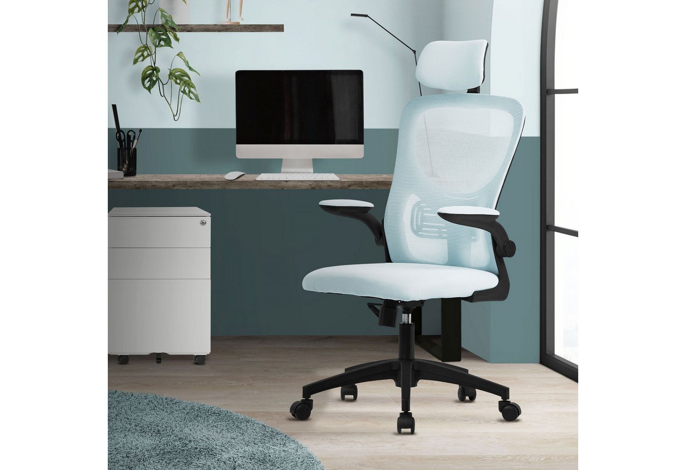 ML-DESIGN Bürostuhl Computerstuhl ergonomisch aus Mesh mit Verstellbarer Kopfstütze, Drehstuhl Blau mit Wippfunktion & Lendenwirbelstütze 60x60,5x121cm von ML-DESIGN