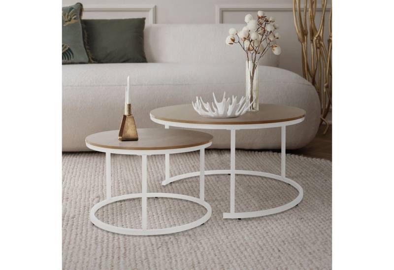 ML-DESIGN Couchtisch Beistelltisch Set in 2 Größen Naturholzoptik Platte Metallgestell (Komplett-Set), Sofatisch Kaffeetisch Wohntimmertische Set Ø 80x45 / 60x40 cm von ML-DESIGN