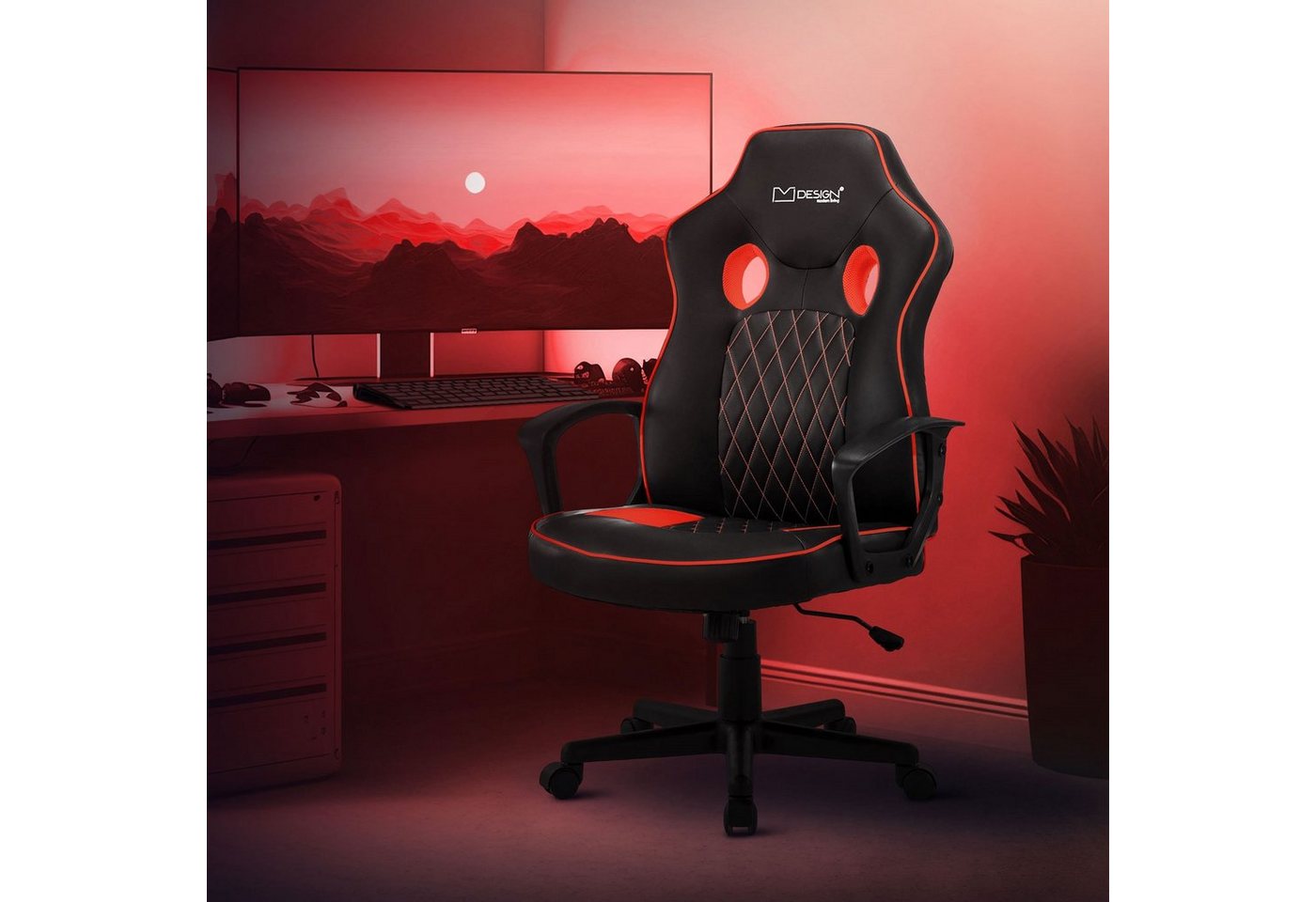 ML-DESIGN Gaming-Stuhl Bürostuhl mit Wippfunktion Kunstleder höhenverstellbar mit Armlehne, Verstellbar Drehstuhl Schwarz-Rot ergonomisch 63,5x56x115cm von ML-DESIGN