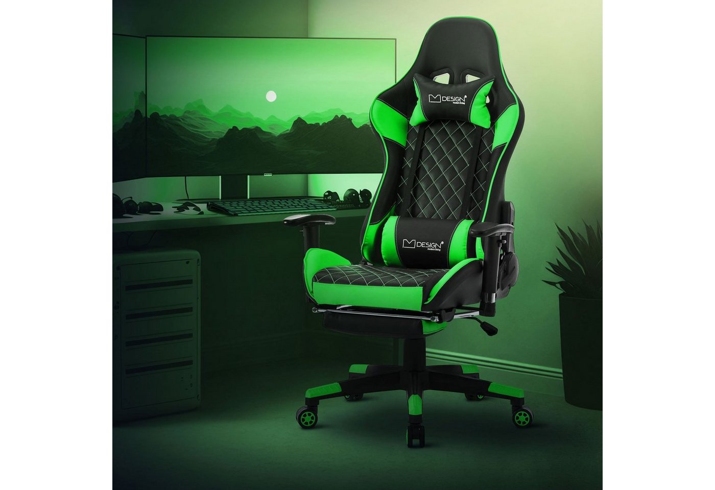 ML-DESIGN Gaming-Stuhl Bürostuhl mit Fußstütze und Armlehne Kunstleder Hohe Rückenlehne, Drehstuhl Schwarz-Grün ergonomisch mit Kopfstütze verstellbar von ML-DESIGN