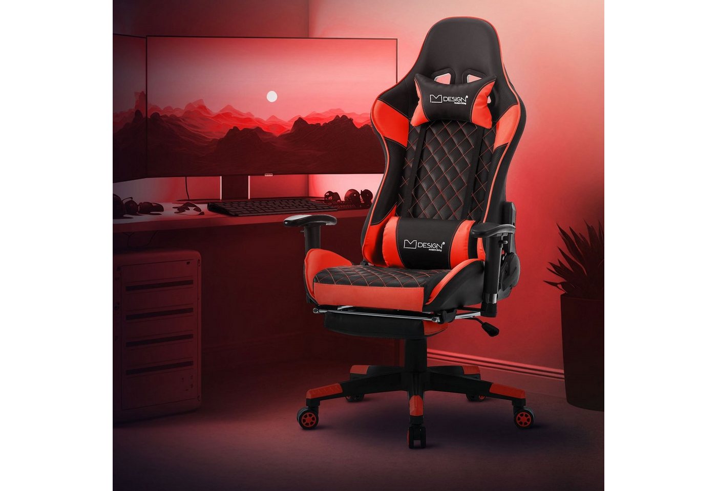 ML-DESIGN Gaming-Stuhl Bürostuhl mit Fußstütze und Armlehne Kunstleder Hohe Rückenlehne, Drehstuhl Schwarz-Rot ergonomisch mit Kopfstütze verstellbar von ML-DESIGN