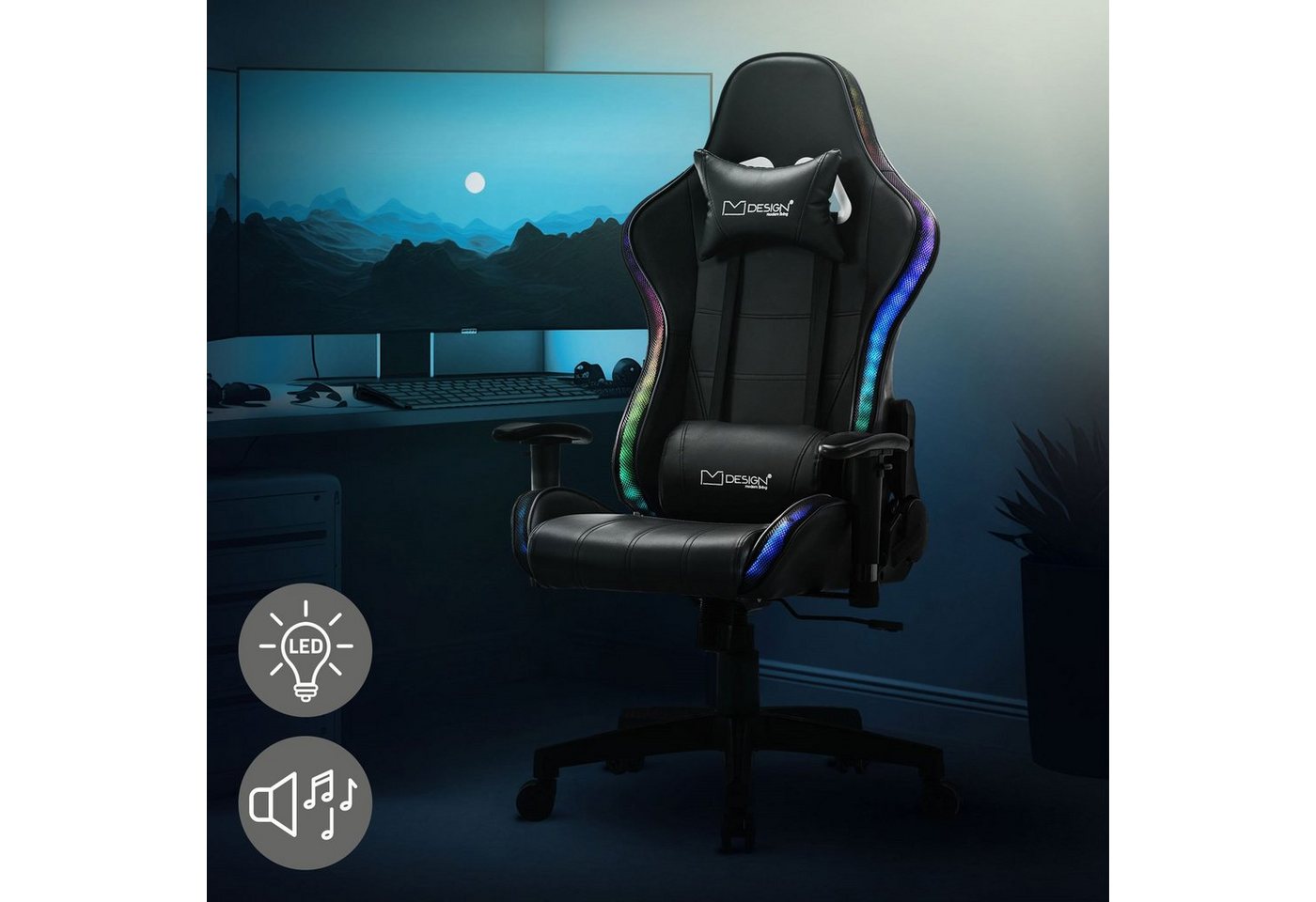 ML-DESIGN Gaming-Stuhl Schreibtischstuhl mit RGB LED-Beleuchtung & Bluetooth-Lautsprechern, Bürostuhl Schwarz-Schwarz aus Kunstleder Rückenlehne Kopfstütze von ML-DESIGN