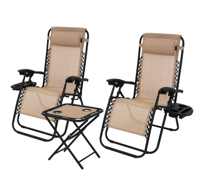 ML-DESIGN Gartenliege Sonneliege klappbar mit Tisch wetterfest/Outdoor, 3 St., Gartenstuhl Taupe mit Kopfpolster & Rückenlehne inkl. Gartentisch von ML-DESIGN