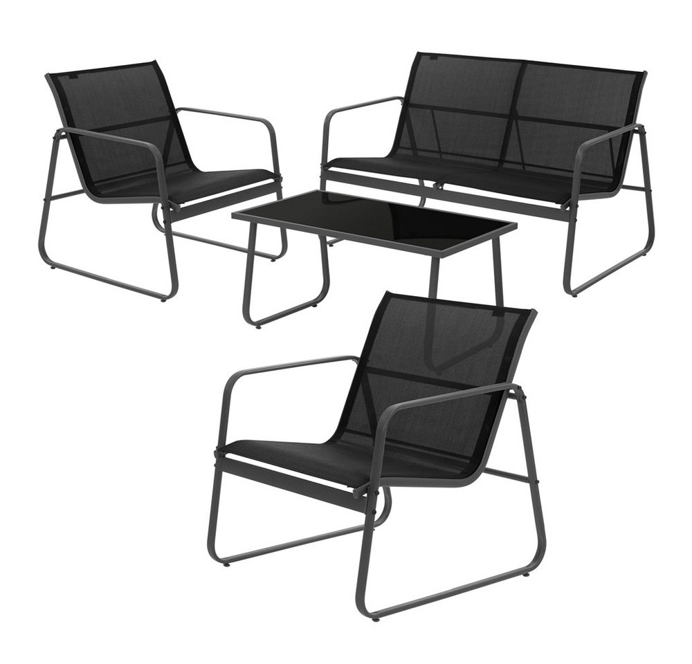 ML-DESIGN Gartenlounge-Set Balkonmöbel Set aus Stahl & Textilene für 4 Personen, Garten Sitzgruppe Schwarz mit Glastisch Sofa und 2 Sesseln wetterfest von ML-DESIGN