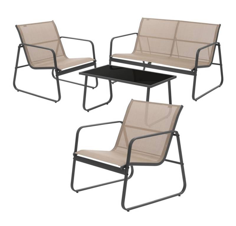 ML-DESIGN Gartenlounge-Set Balkonmöbel Set aus Stahl & Textilene für 4 Personen, Garten Sitzgruppe Taupe mit Glastisch Sofa und 2 Sesseln wetterfest von ML-DESIGN