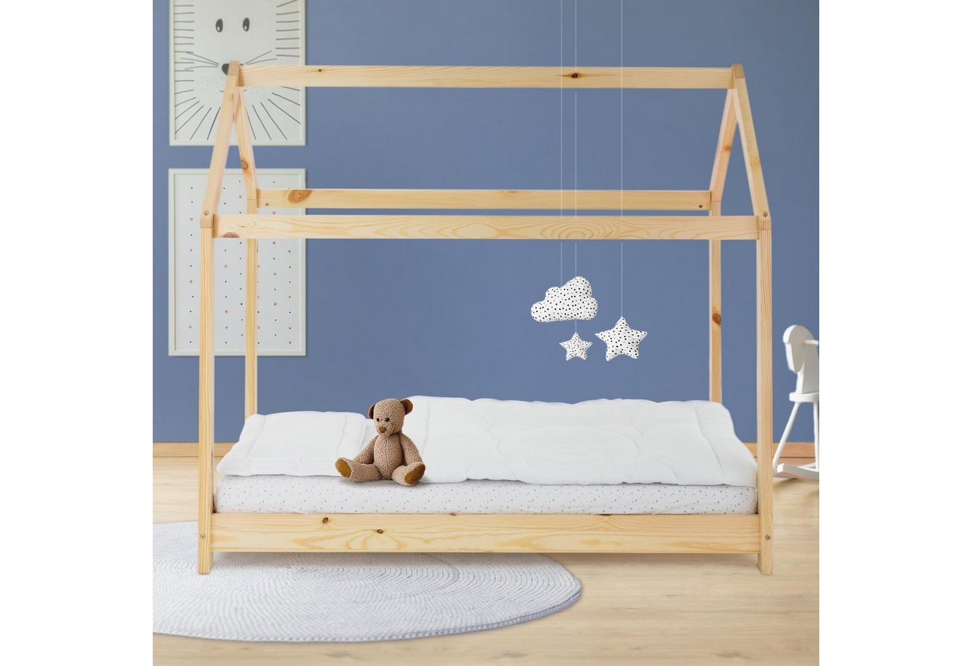 ML-DESIGN Kinderbett Hausbett mit Dach und Lattenrost aus massivem Kiefernholz, Bett 80x160 cm Natur stabiles Spielbett aus Kiefernholz von ML-DESIGN