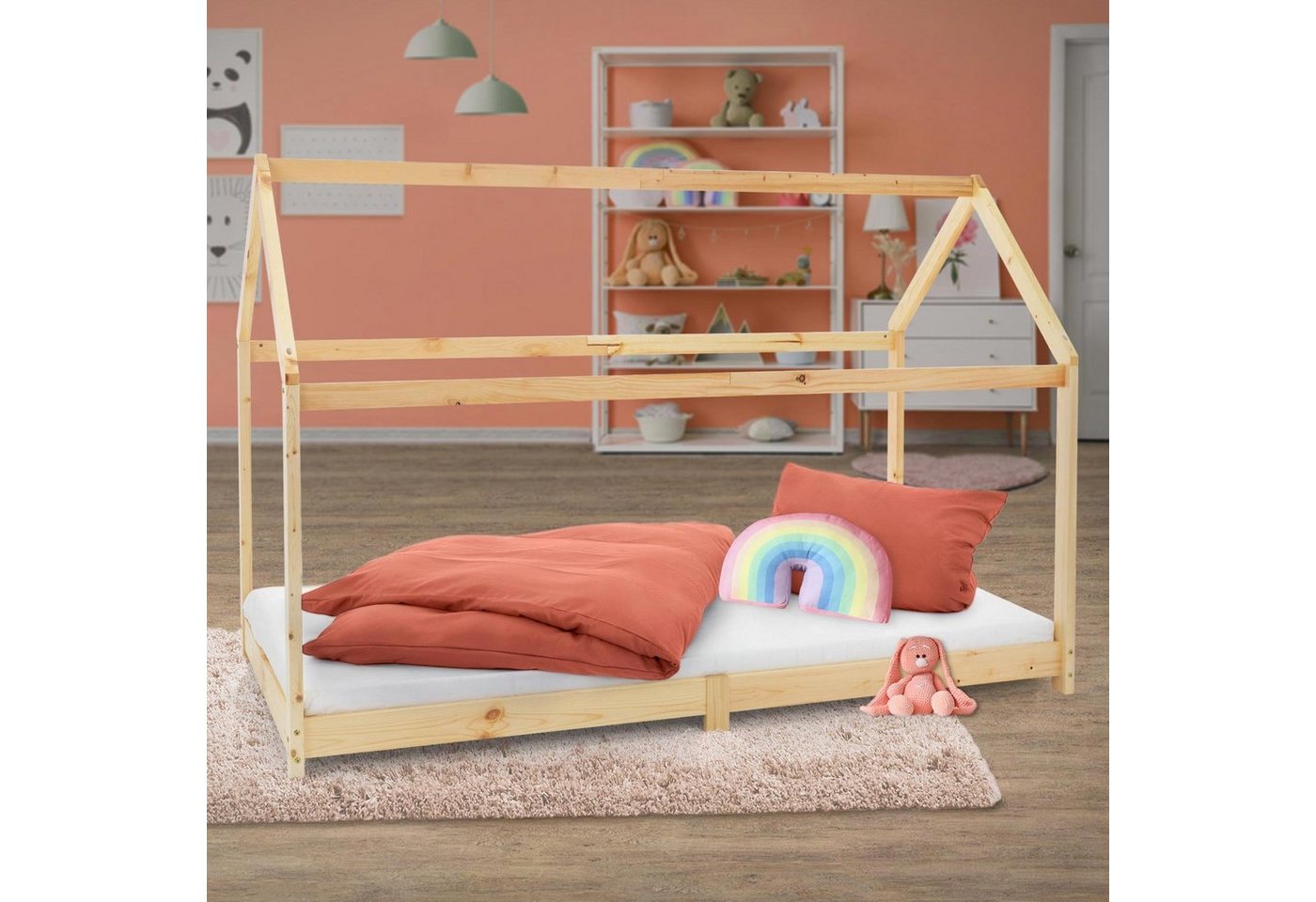 ML-DESIGN Kinderbett Hausbett mit Dach und Lattenrost aus massivem Kiefernholz, Bett 90x200 cm Natur stabiles Spielbett aus Kiefernholz von ML-DESIGN