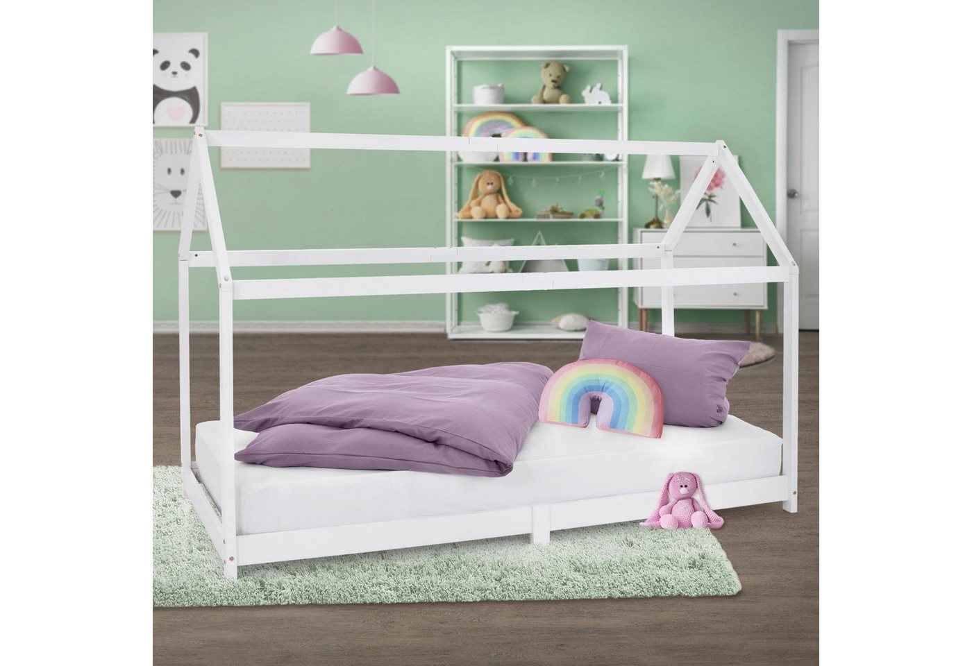 ML-DESIGN Kinderbett Hausbett mit Dach und Lattenrost aus massivem Kiefernholz, Bett 90x200 cm Weiß stabiles Spielbett aus Kiefernholz von ML-DESIGN