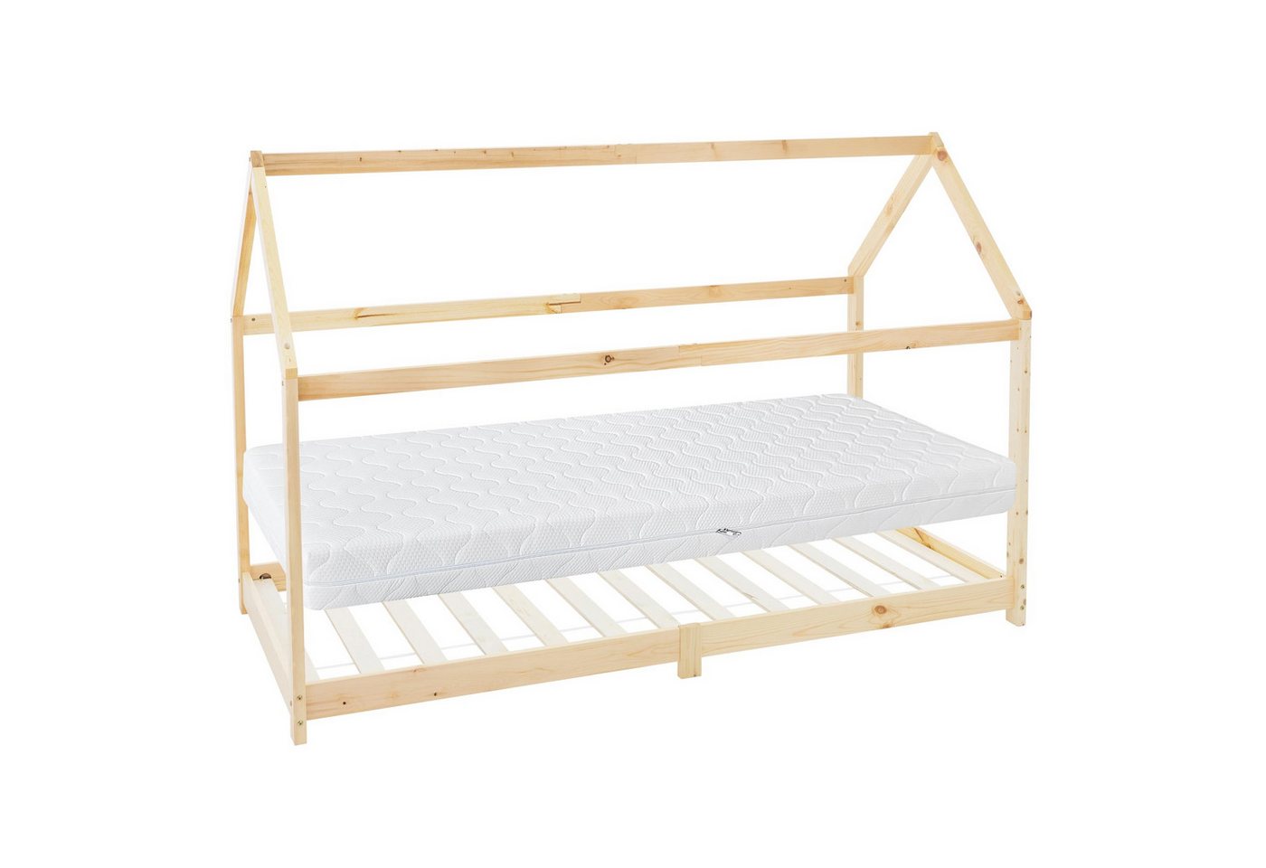 ML-DESIGN Kinderbett Hausbett mit Dach und Lattenrost aus massivem Kiefernholz, Bett 90x200cm Natur + Matratze 16cm Spielbett aus Kiefernholz von ML-DESIGN