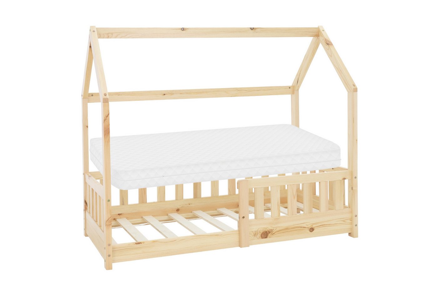 ML-DESIGN Kinderbett Hausbett mit Rausfallschutz, Dach und Lattenrost Massivholz, Bett 70x140 cm Natur mit Matratze 16cm für Mädchen Jungen Holzbett von ML-DESIGN