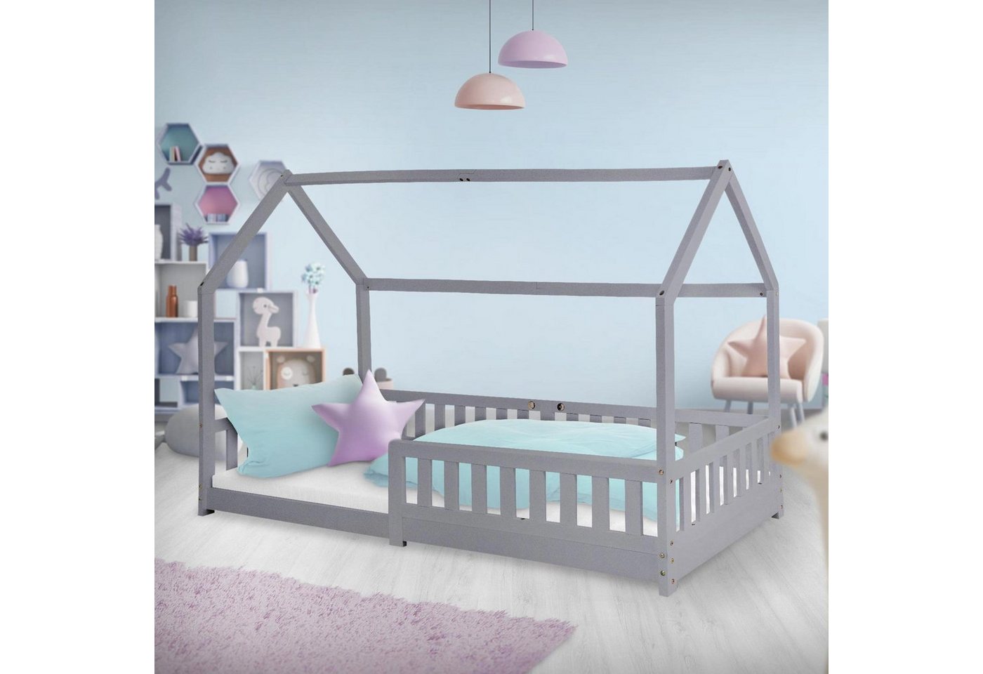 ML-DESIGN Kinderbett Hausbett mit Rausfallschutz, Dach und Lattenrost Massivholz, Bett 90x200 cm Hellgrau aus massivem Kiefernholz Mädchen Jungen von ML-DESIGN