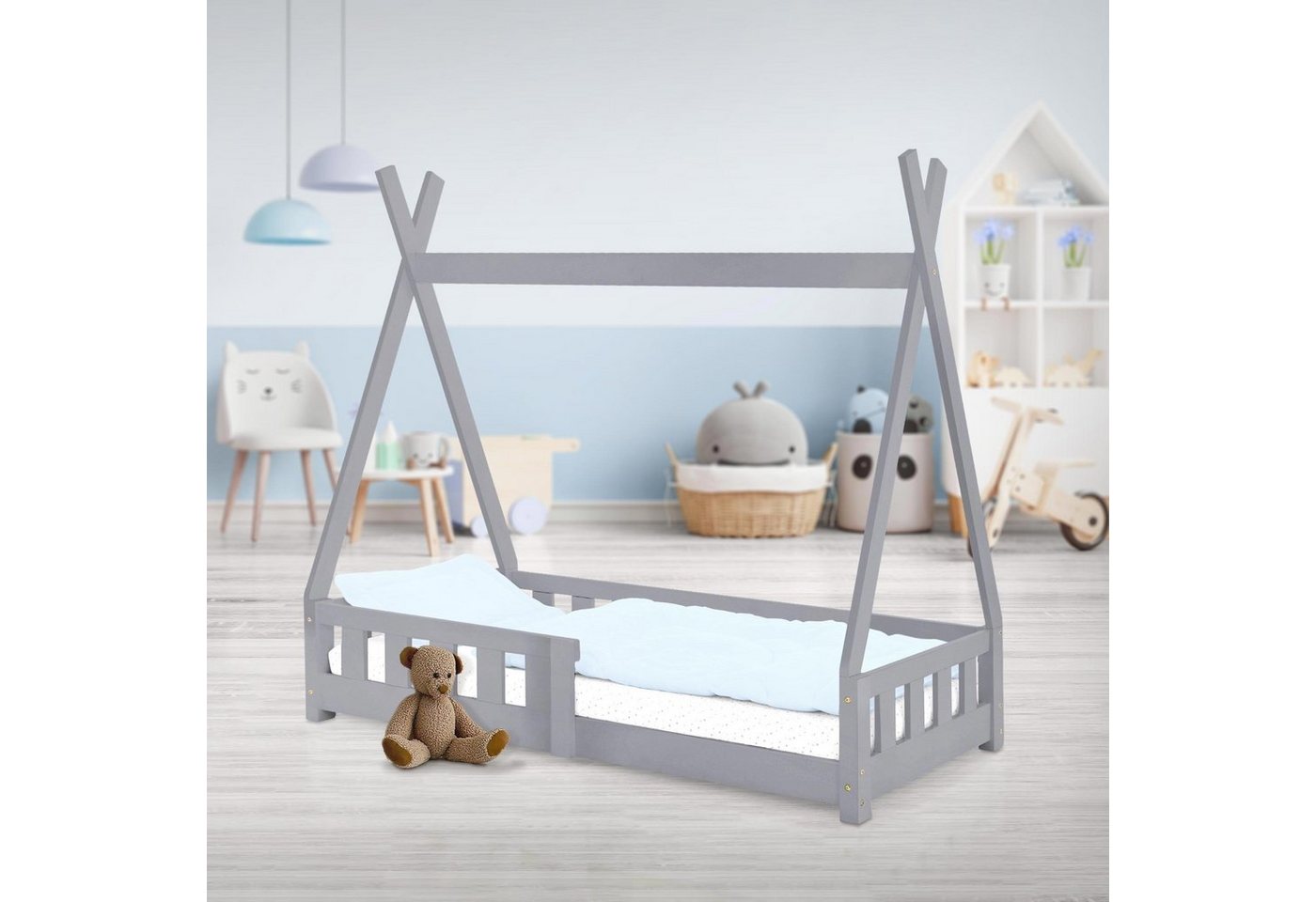 ML-DESIGN Kinderbett Hausbett mit Rausfallschutz und Lattenrost Massivholz, Bett 70x140 Hellgrau aus Kiefernholz Spielbett Zelt mit Zaun von ML-DESIGN