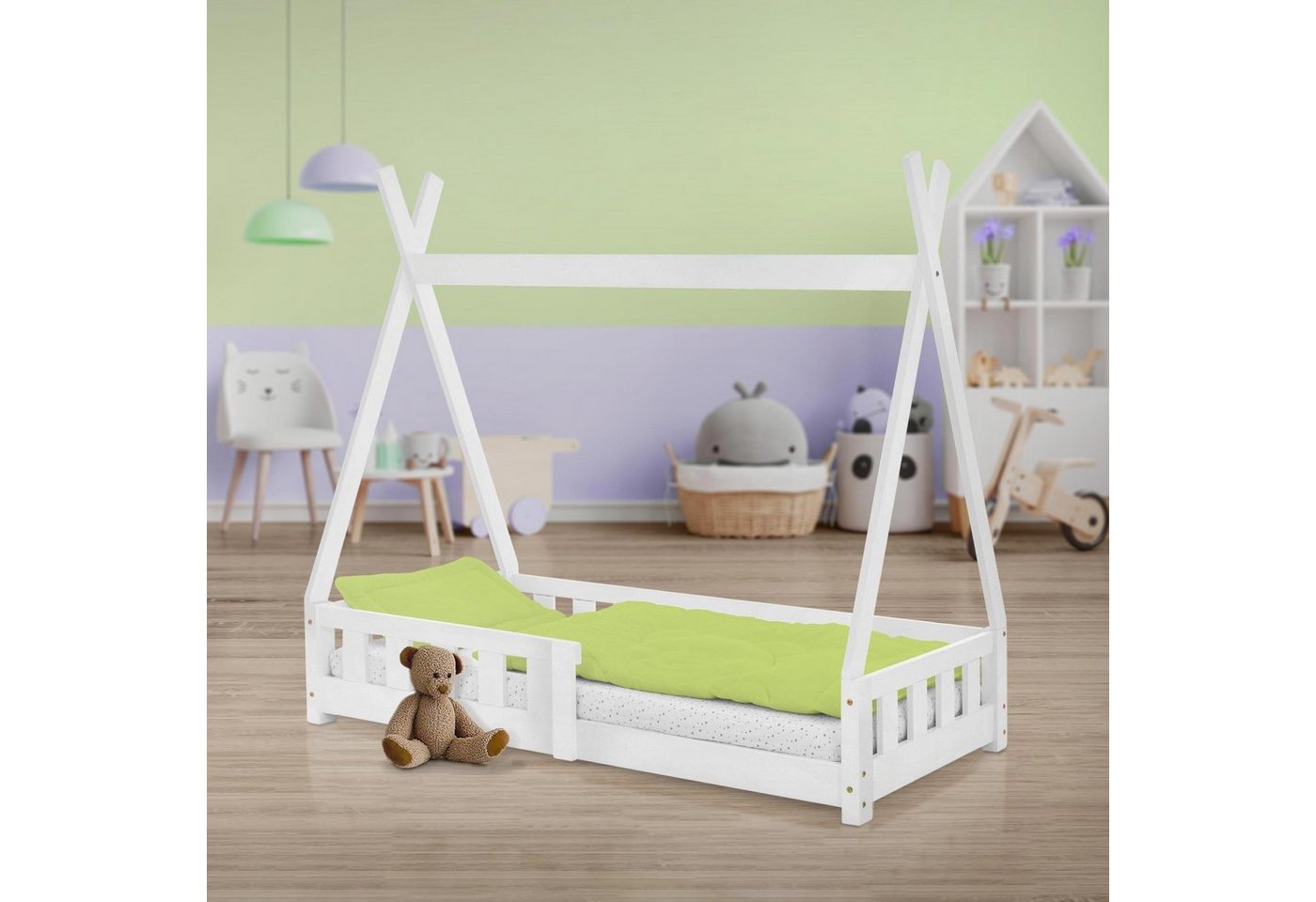 ML-DESIGN Kinderbett Hausbett mit Rausfallschutz und Lattenrost Massivholz, Bett 70x140 Weiß aus Kiefernholz Spielbett Zelt mit Zaun von ML-DESIGN