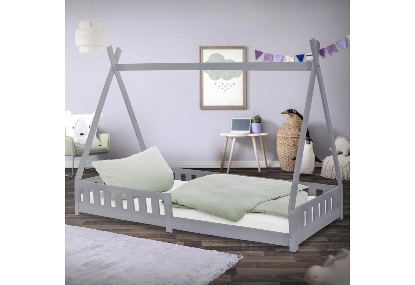 ML-DESIGN Kinderbett Hausbett mit Rausfallschutz und Lattenrost Massivholz, Bett 90x200 Hellgrau aus Kiefernholz Spielbett Zelt mit Zaun von ML-DESIGN