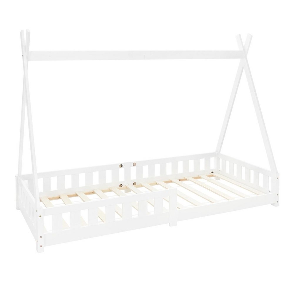 ML-DESIGN Kinderbett Hausbett mit Rausfallschutz und Lattenrost Massivholz, Bett 90x200 Weiß aus Kiefernholz Spielbett Zelt mit Zaun von ML-DESIGN